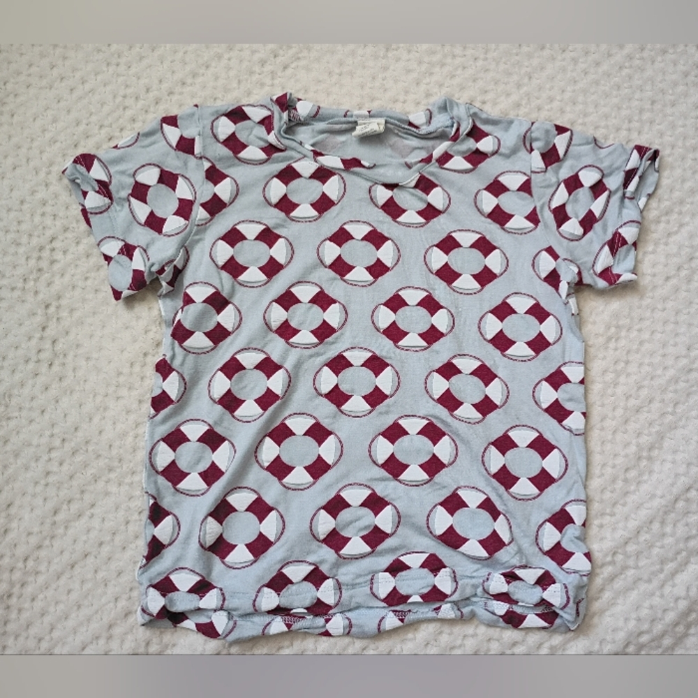 Kate Quinn Light Blue Top with Burgundy Ring Print
